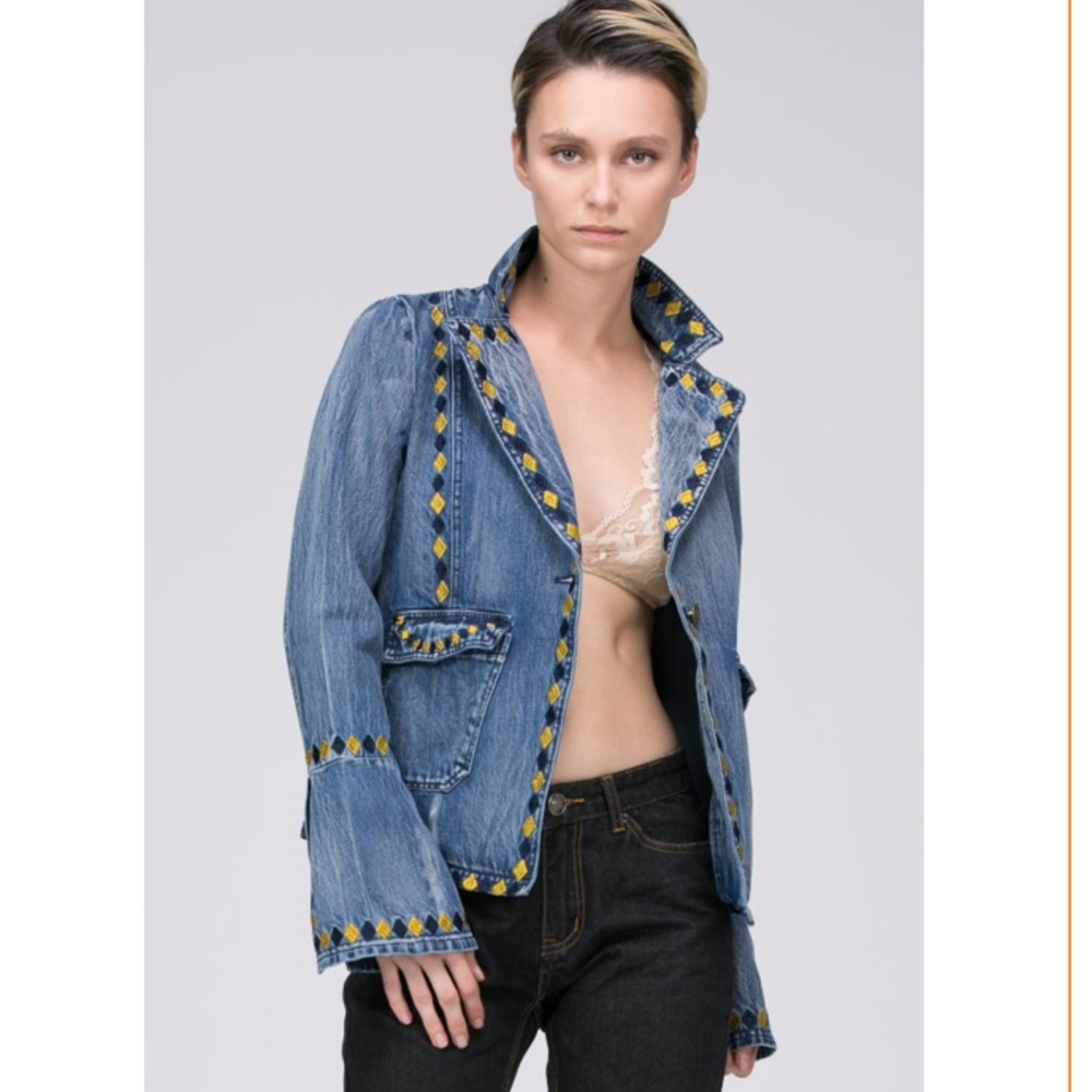 bell sleeve denim jacket with embroidered detail
